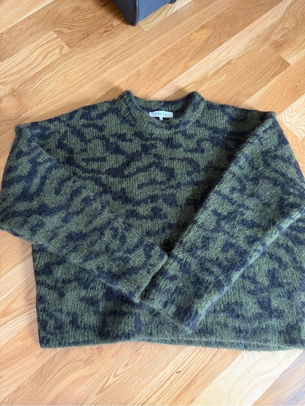 Frame Denim Olive and Black Patterned Crewneck Sweater
